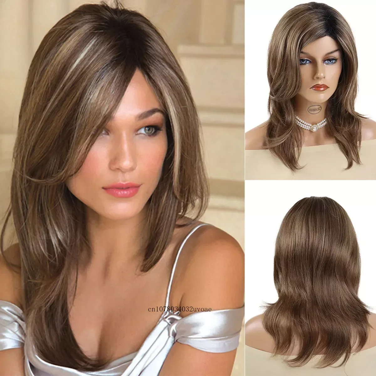 Synthetic Long Brown Wigs Natural Hair Mommy Wig with Bangs Long Wavy Hairstyles Blend Wigs Highlight Classic Style for Women