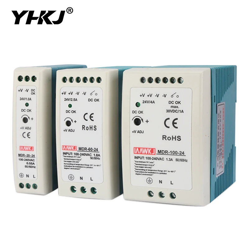 MDR 10W 20W 40W 60W 100W 50/60HZ Power Switch Supply 5V 12V 24V DIN Rail Adjustable Power Supply DC Automotive Source