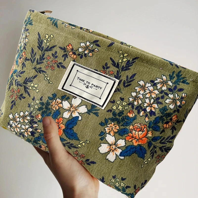

Corduroy Makeup Bag Organizer Clutch Retro Flower Print Cosmetic Bag Wash Women Travel Make Up Pouch Beauty Toilet Storage Cases