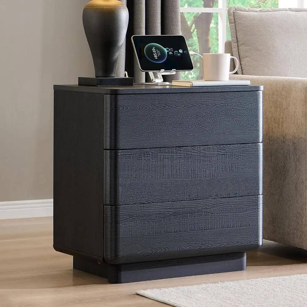 

22 Modern Nightstand with Charging Port, Spacious Push-Open End Table, Elegant Curved Wood Bedside Table, Sleek Black Nightstand