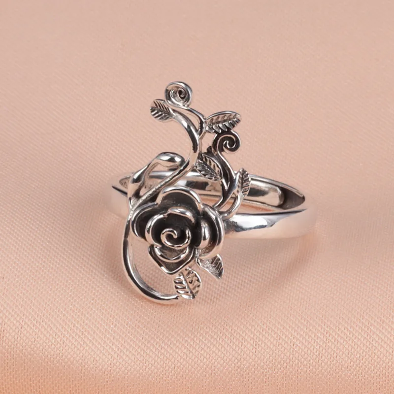 

S925 Sterling Silver Female Big Ring Elegant Rose Flower Open Ring Finger for Women Fahion Party Ethnic Fine Jewelry Circle Gift