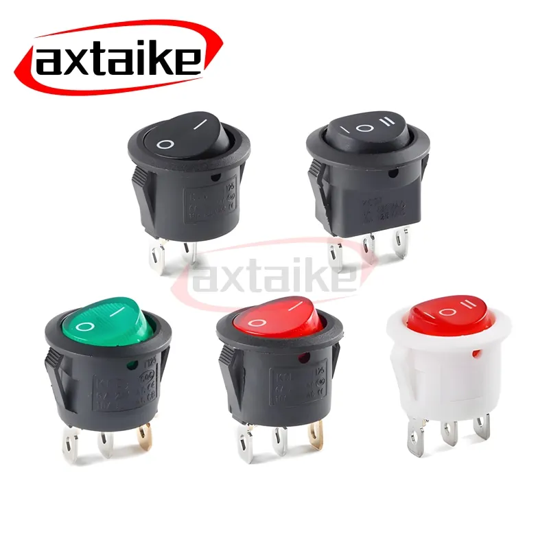 5PCS 20mm KCD1 On-Off On-Off-On Round Rocker Switch 6A 250V 10A 125V AC 2/3/4Pin Black White Red Green Light Power Switch Button