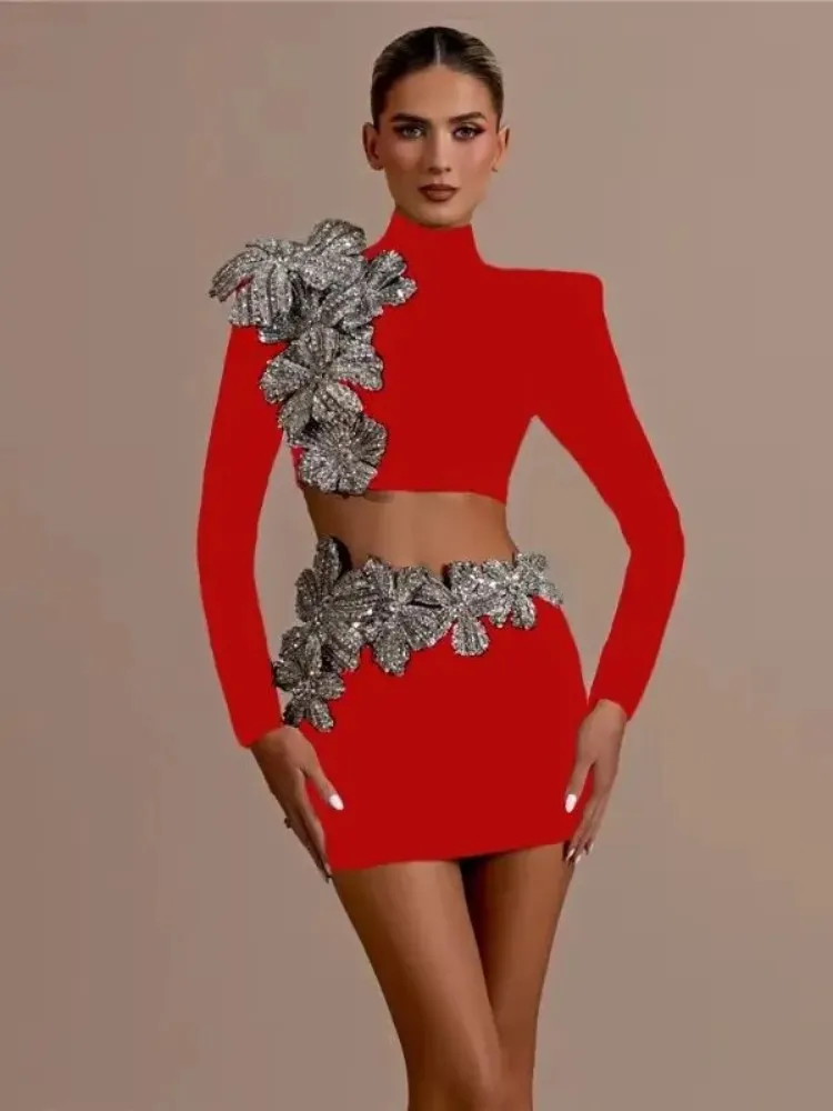 2 قطعة مجموعات ملابس نسائية 2022 الفاخرة الساخن الحفر المرأة الدعاوى موضة كم طويل المحاصيل الأعلى عالية الخصر Bodycon التنانير القصيرة