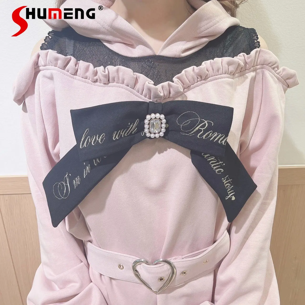 kawaii clothes Japanese Woman Hooded Sweatshirt 2023 Autumn New Lace Patchwork off-Shoulder Long Sleeve Embroidered Bow Hoodies