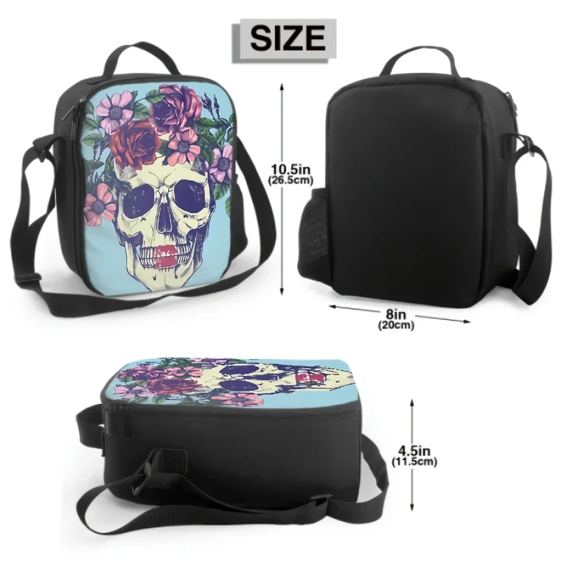 Boîte à lunch isolée avec couronne de fleurs de crâne humain, sac à lunch portable avec sangle initiée réglable et poche latérale, sac fourre-tout isotherme