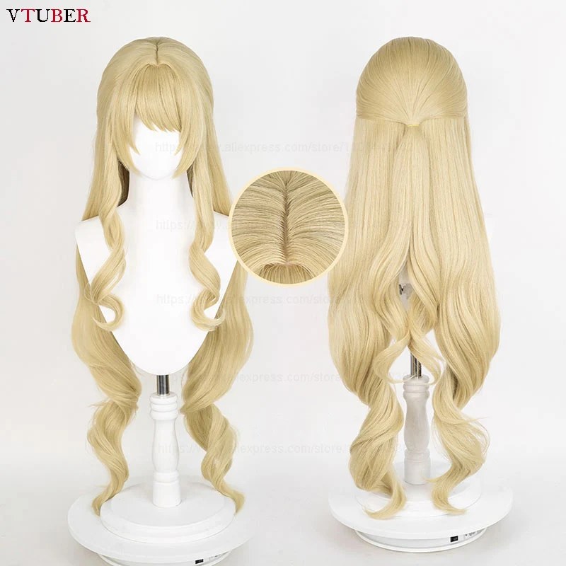 Peluca de Cosplay de Navia, Peluca Larga Rizada Dorada Claro de Navia del Juego Fontaine, Cabello Sintético Resistente al Calor, Pelucas para Fiestas de Halloween + Gorro para Peluca