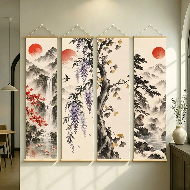 Wall Art Black Ink Tree Branches and Golden Leaves, Japanese Minimalist Pearlescent Canvas Hanging Scroll for Tea House
