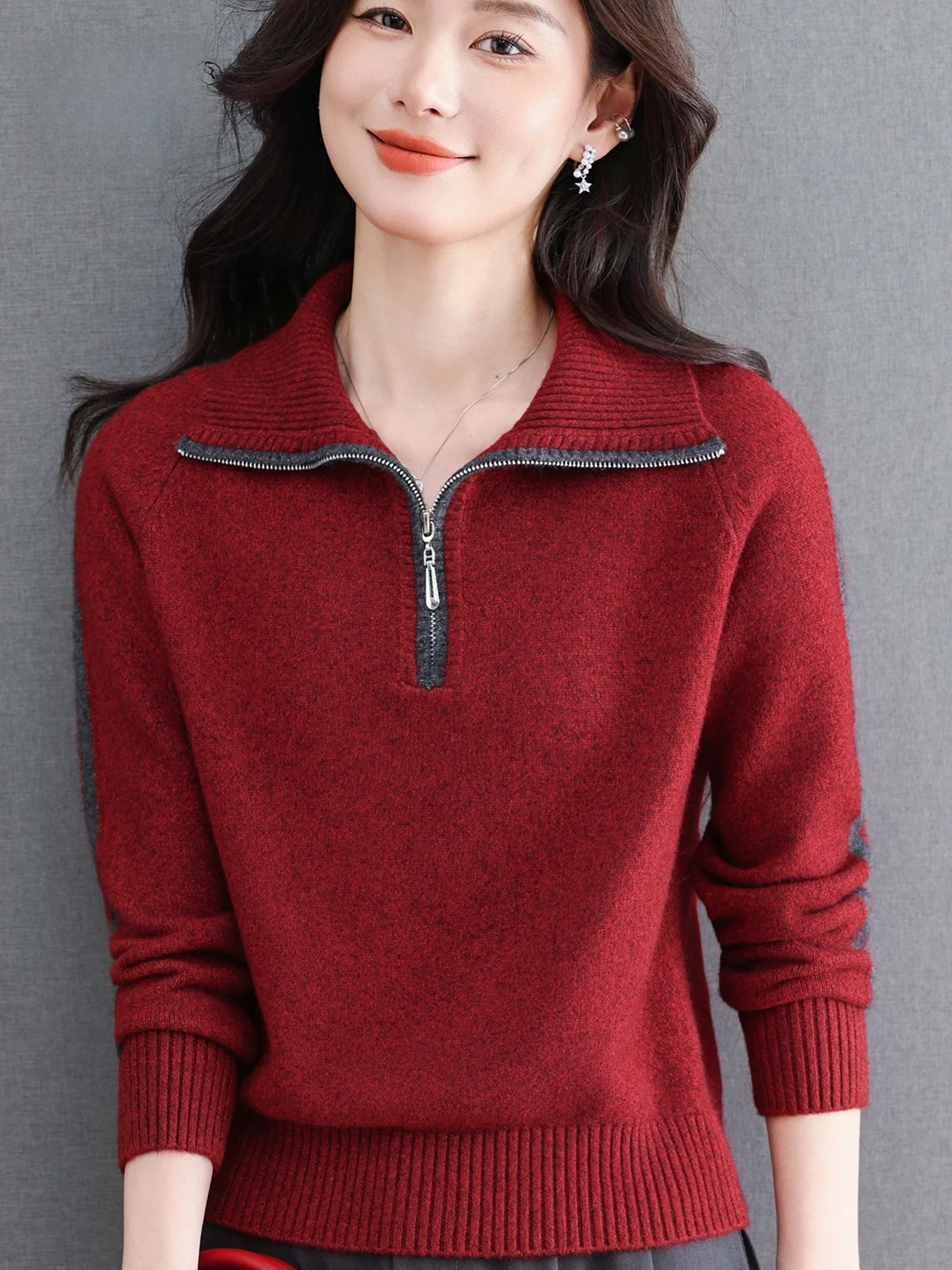 

Весенний модный вязаный свободный свитер с воротником на молнии для женщин среднего и старшего возраста