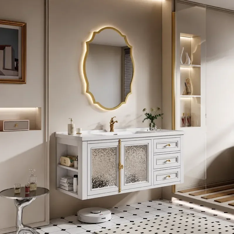 French Retro Oak Bathroom Cabinet with American Style Ceramic Integrated Basin Vanity Unit for Hand and Face Washing