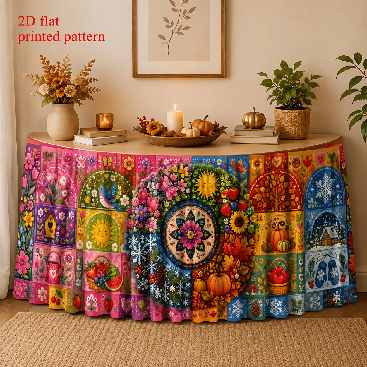 One tablecloth or table skirt. Polyester four-season quilted printed table skirt. Spring flowers.zyc