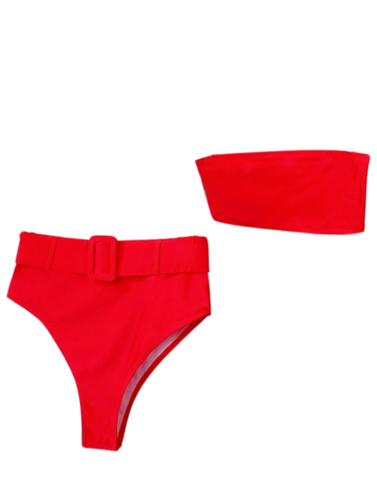 Bikini Bandeau rojo de cintura alta para mujer, traje de baño de dos piezas, ropa de playa, 2024