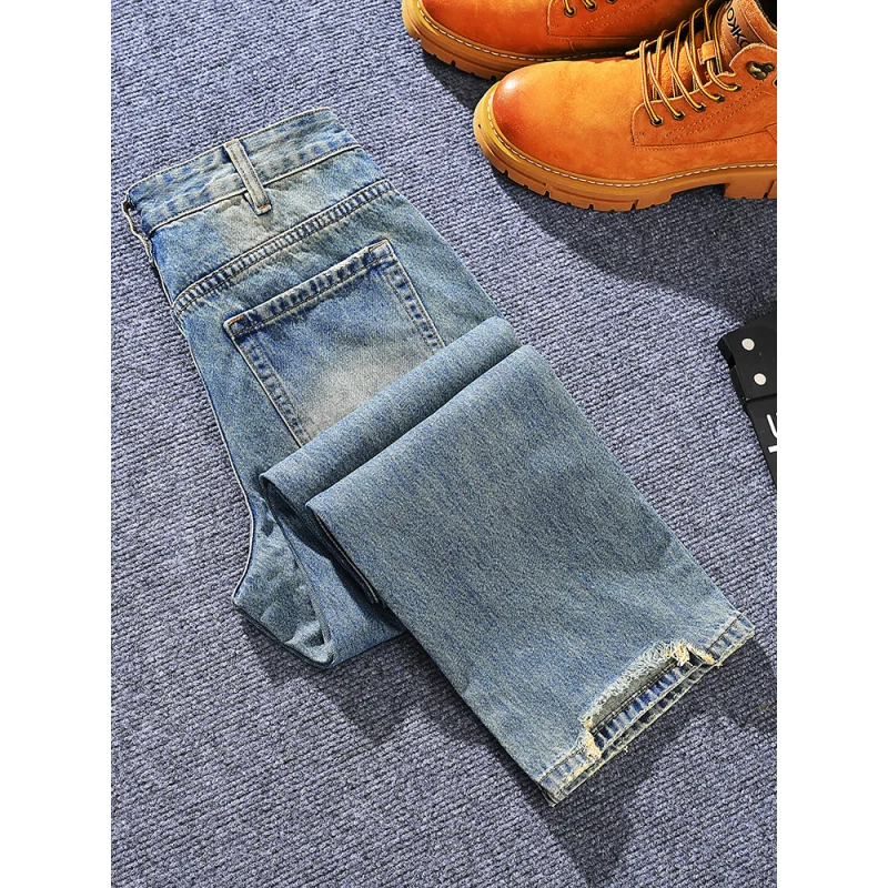 봄과 여름 트렌디 브랜드 남성용 아메리칸 레트로 루즈 스트레이트 레그 청바지, 청소년 패션 다용도 하이 스트리트 바지