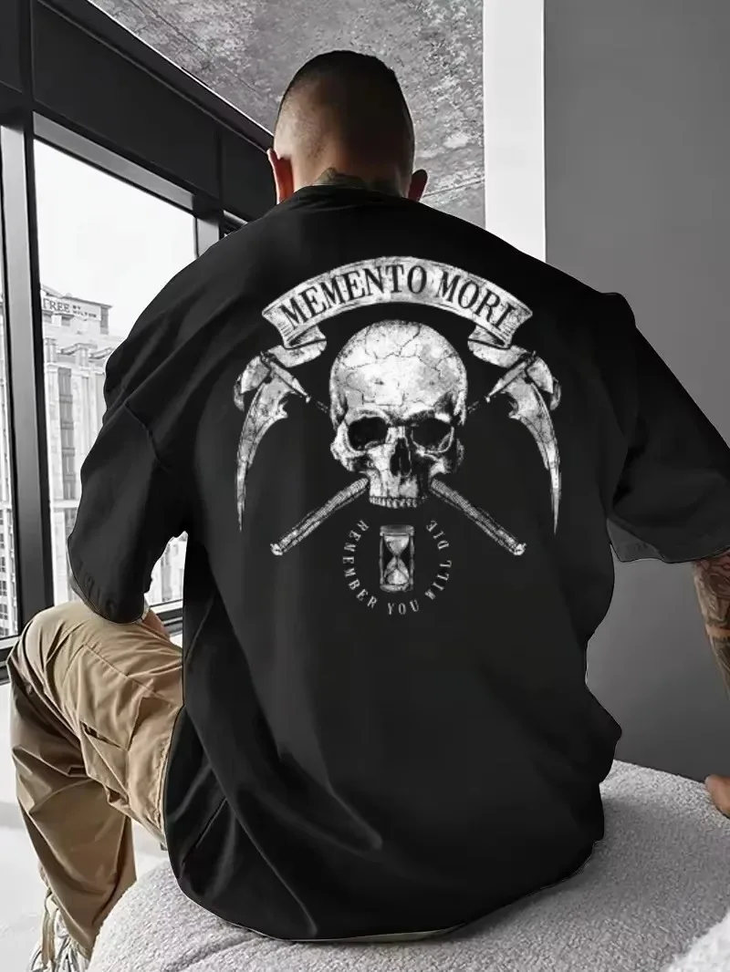 2026 New Pop Family Matching Oversized Unisex Streetwear T Shirt Memento Mori Skull Scythe Graphic Tee Vintage Gothic Short Tops