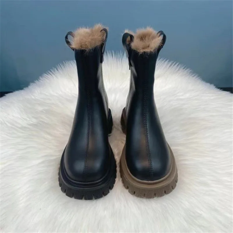 Shoe for Women Platform Round Toe Plush Boot Woman Winter 2023 Warm Snow Boot Fashion Ankle Boot PU Casual Leather Boots Botines