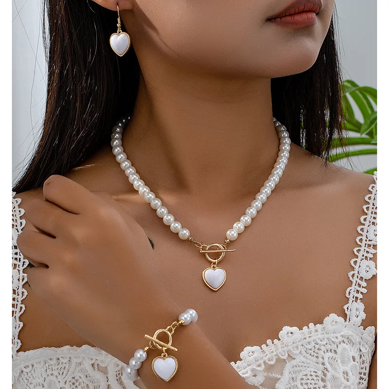 2 Pcs Immitation Pearl Necklace Bracelet Jewelry Set Elegant Pearl Color Pendant Natural Color Beads Collar For Girl image 4