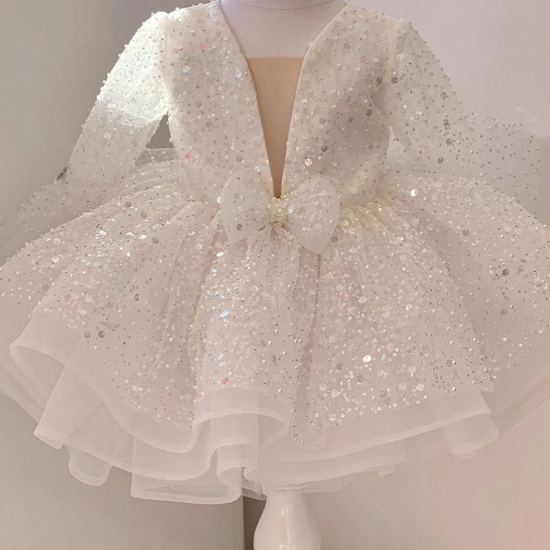 Customized Flower Girl Dresses Cute Pink Glitter Sequined Shiny Puffy Organza With Bow Fit Wedding Party Princess Ball Gowns