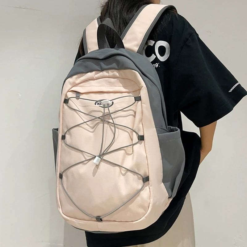 Harajuku Fashion Contrast Color Backpack for School Student Large Capacity Laptop Bag Travel Daypack with Bungee Cord