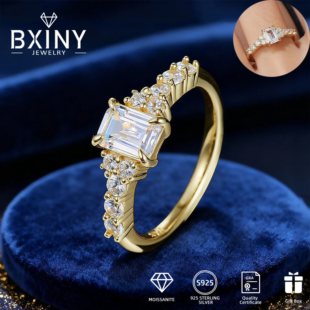 

BXINY 1CT Emerald Moissanite Ring S925 Silver Plated 18K Gold for Women Rectangle Diamond Wedding Band Gifts Jewelry Certificate