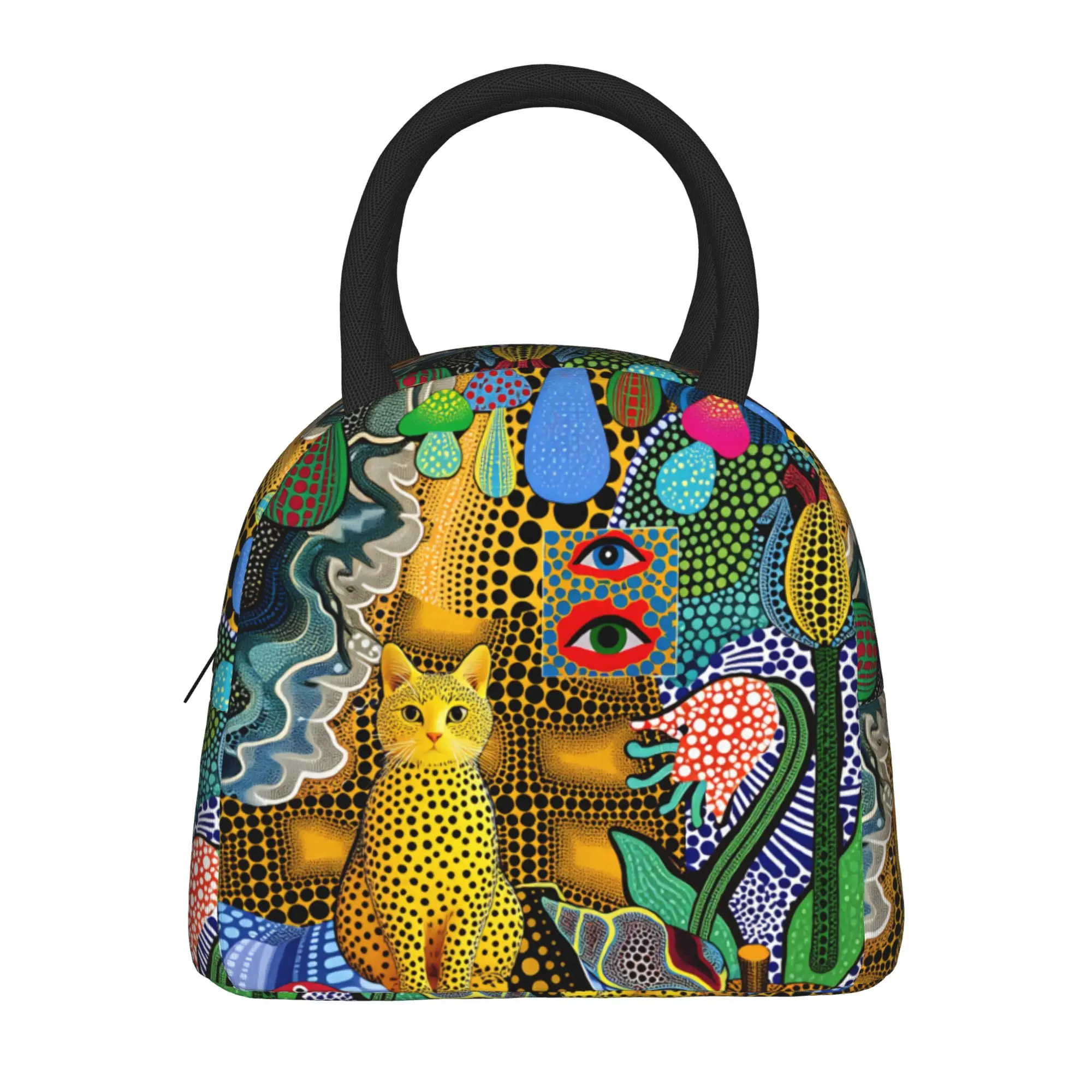 Yayoi Kusama Abstract Face Lunch Bag Japanese Artist Lunch Box Zipper Thermal Tote Handbags For Women Oxford Cooler Bag