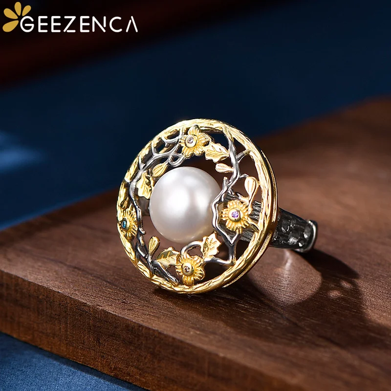 GEEZENCA S925 Silver Hollow Flower Natural Pearl Women's Ring Vintage Luxury Gold Plated Round Cocktail Rings High Quality Gift