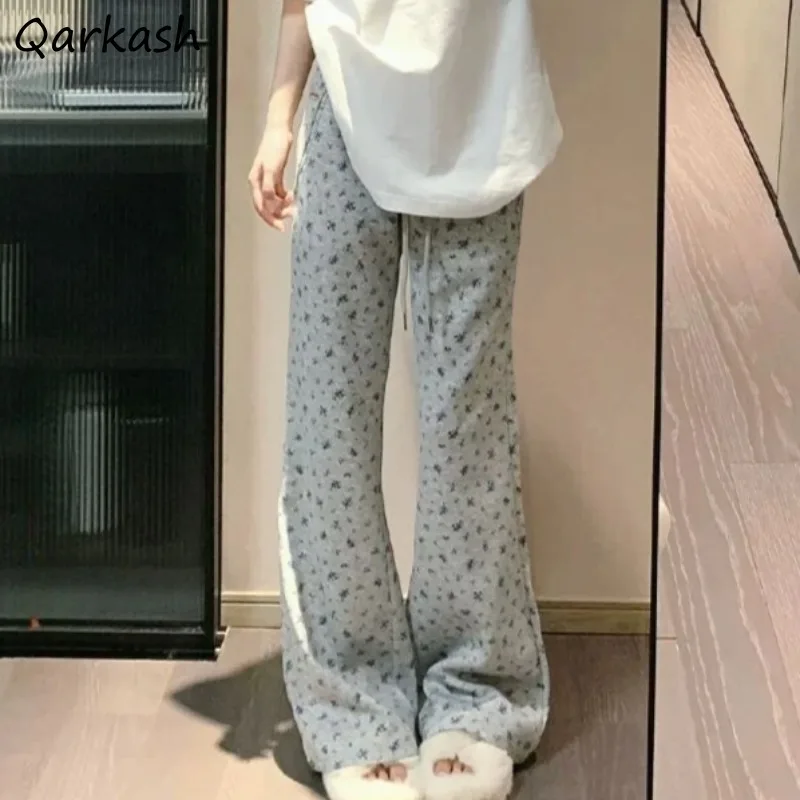 

Floral Pants for Women Soft High Waist Drawstring Young Girls Korean Style Wide Leg All-match Full Length Spring Autumn Casual