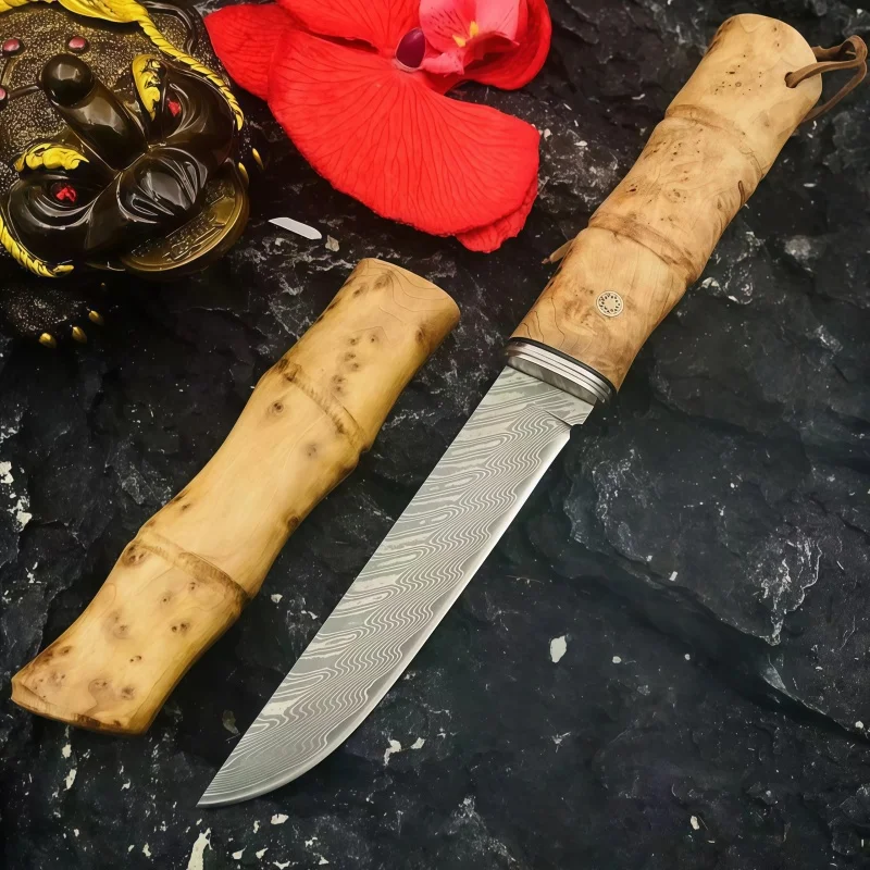 Damascus Pattern Fixed Blade Knife, Bamboo Shape Stabilized Wood Handle, Hand Craft Collectible Tool with Decorative Wooden She