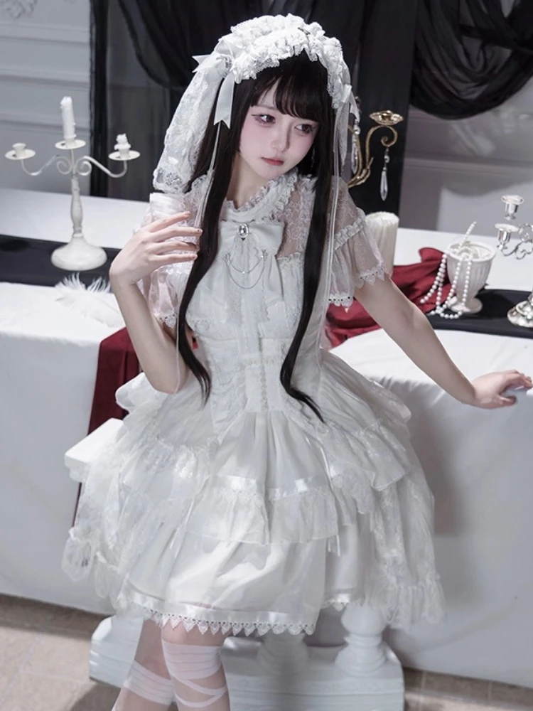 cos waisted short sleeve dress Original White Gothic Halloween Cos Dress Summer Japanese Mine Lolita Dress  Women's Sweet Short Sleeve Dress Gauze Waist Cincher