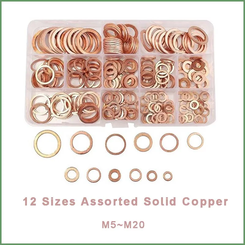 

280Pcs Copper Washer Gasket Nut and Bolt Set Flat Ring Seal Assortment Kit with Box M5 M8 M10 M12 M14 M16 M20
