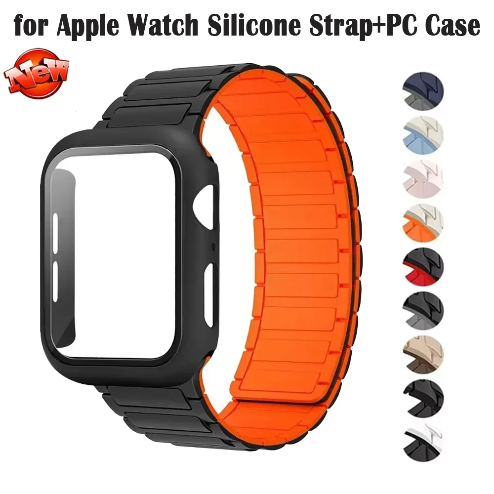 

Силиконовый ремешок + чехол для ПК для Apple Watch Ultra 3 2 49 мм 11 10 46 мм 42 мм Магнитный браслет iWatch 9 8 7 45/41 мм 6 5 4 44/40 мм ремешок