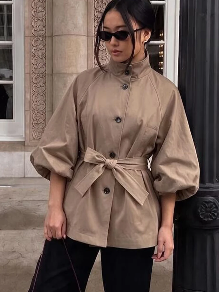 New Women Short Trench Coat Jacket Solid Single Breasted Belted Waist Loose Long Sleeve Stand Collar Cropped Autumn Coat 2026