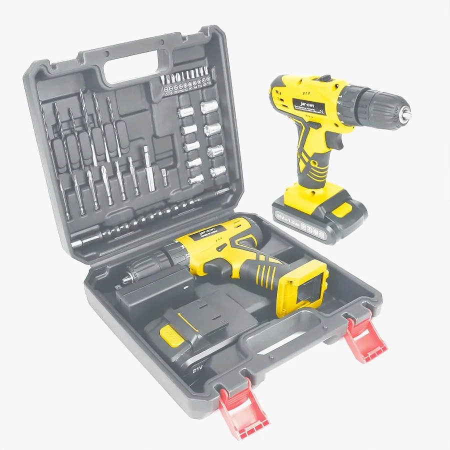 Jar-Owl 21V Cordless Drill Set 0-1350RMP Variable Speed 350 in-lb Torque 10MM 3 8'' Keyless Chuck 18+1 Clutch 1.5Ah Li-Ion Batt