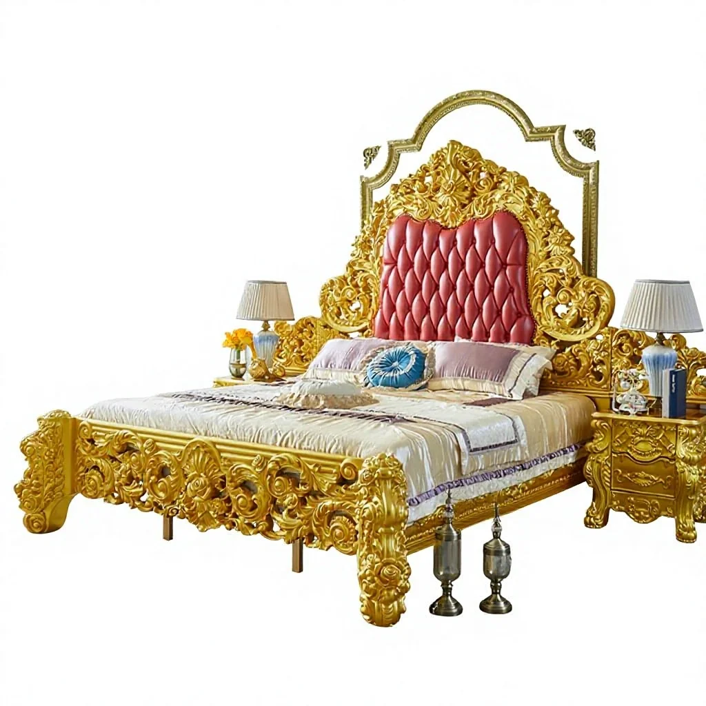 #Customized Luxury European Style Solid Wood Bedroom Furniture 2 Meters Fabric Double Bed with Soft Bed Style Carved Wedding Bed