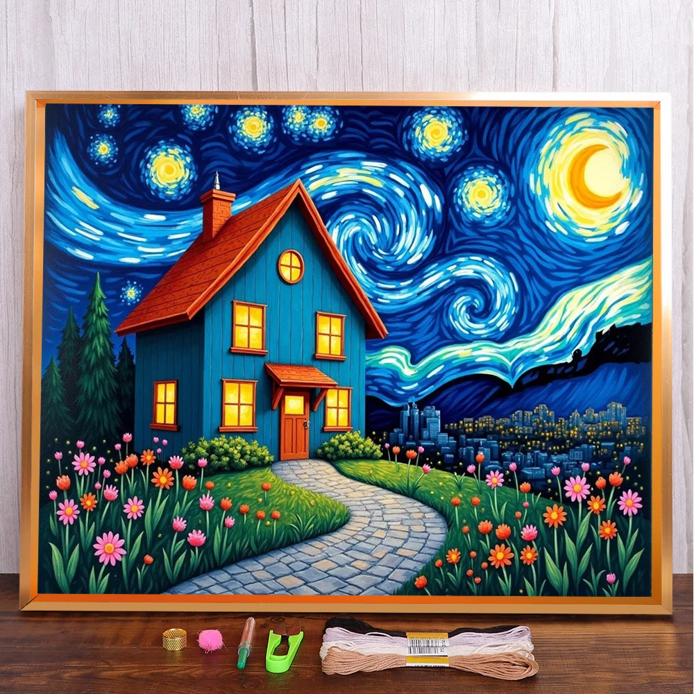 Landscape Starry Night Printed Fabric Cross Stitch Set Embroidery Hobby Needlework Handicraft Craft Promotions Design Mulina