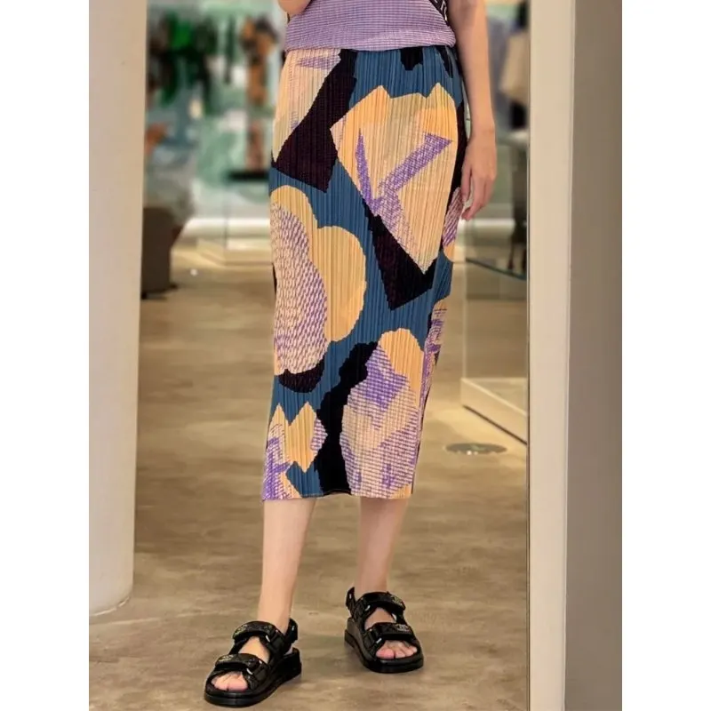 Women's Blue Yellow Purple Abstract Print Pleated Short-Sleeve Top & Midi Skirt 2-Piece Set Texture Fabric Fashion Daily Wear