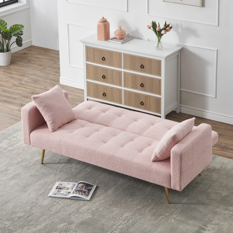 Sofa Bed Bulu Teddy Pink 71,7 Inci Dilengkapi Dua Bantal Lempar Gratis Furnitur Multifungsi Ruang Tamu Rumah yang Nyaman