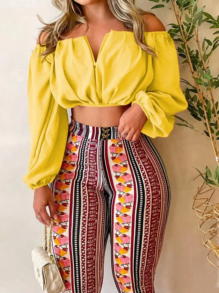 2024 summer Off Shoulder Ruched Top & Tribal Print Pants Set