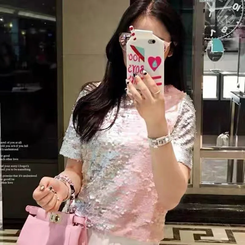 Women Sequin T-Shirt 2022 Hot Sale Summer Short Sleeves Tops Gradient Color Sequins Female Loose Tees T Shirt Pink