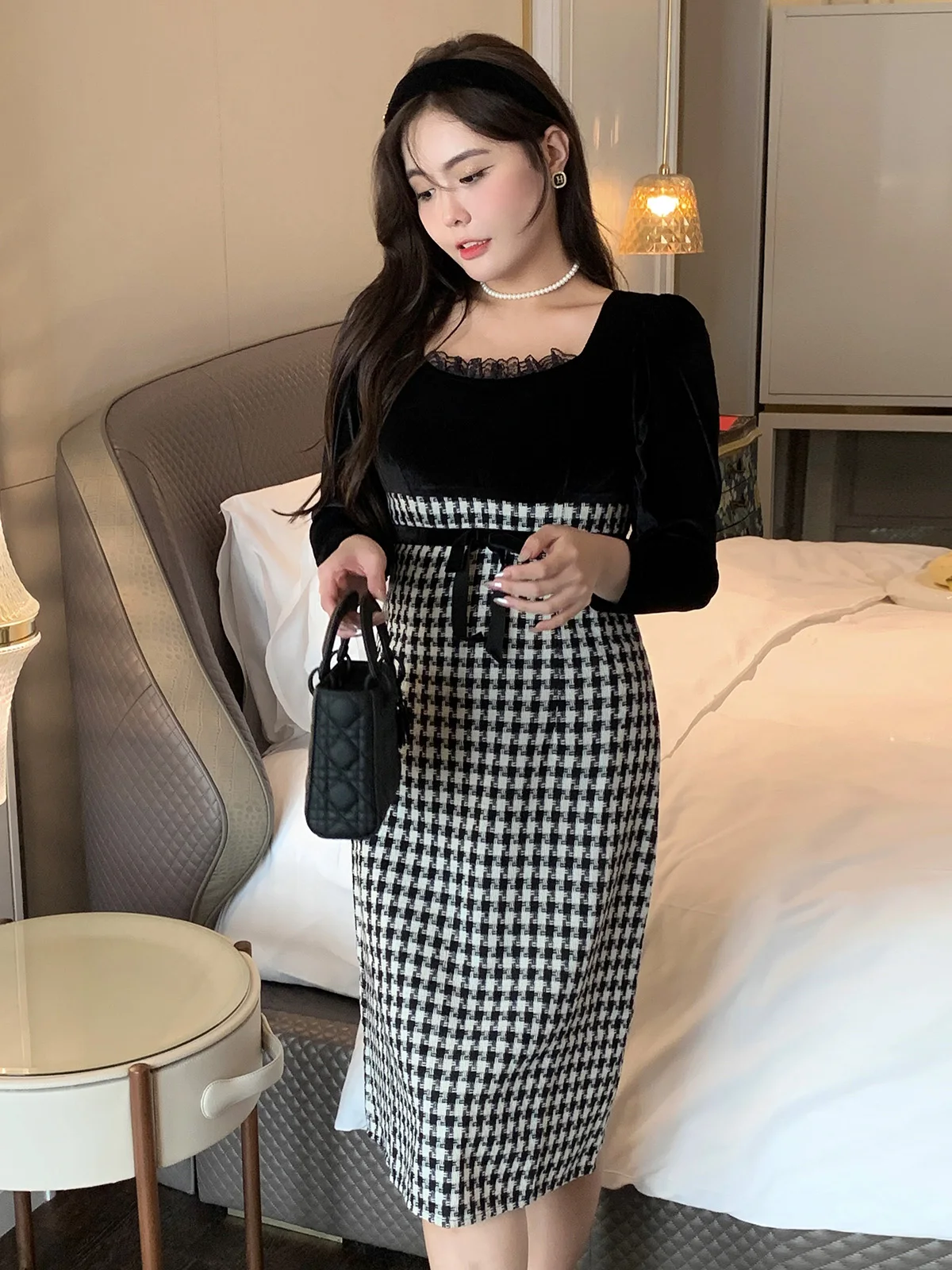 

Платье для полных женщин в клетку с квадратным воротником, осенняя новинка, винтажное, с лоскутным узором, длинное