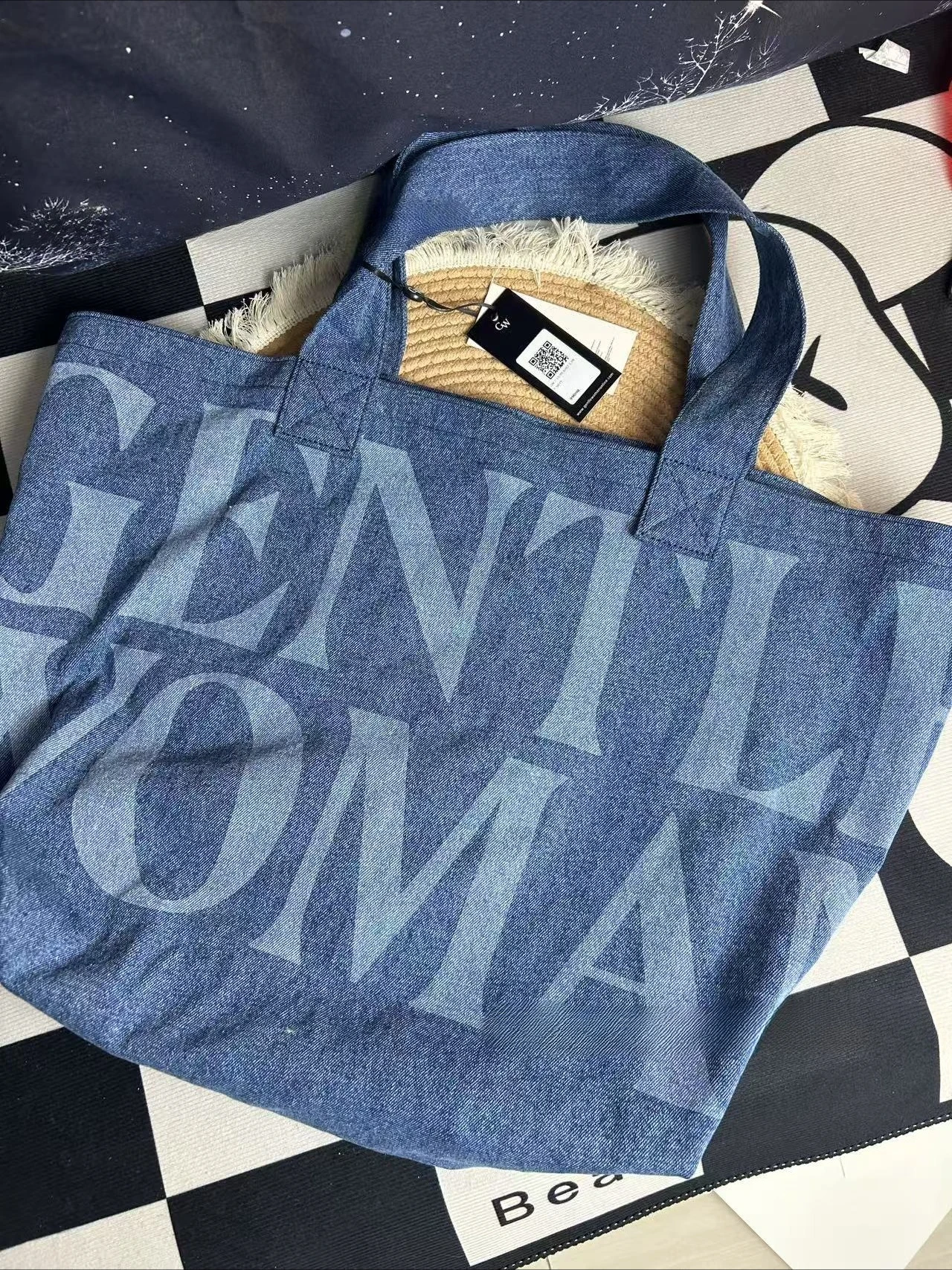 GEETLE WOMAN Thai niche classic denim tote large bag letter handbag out travel canvas bag