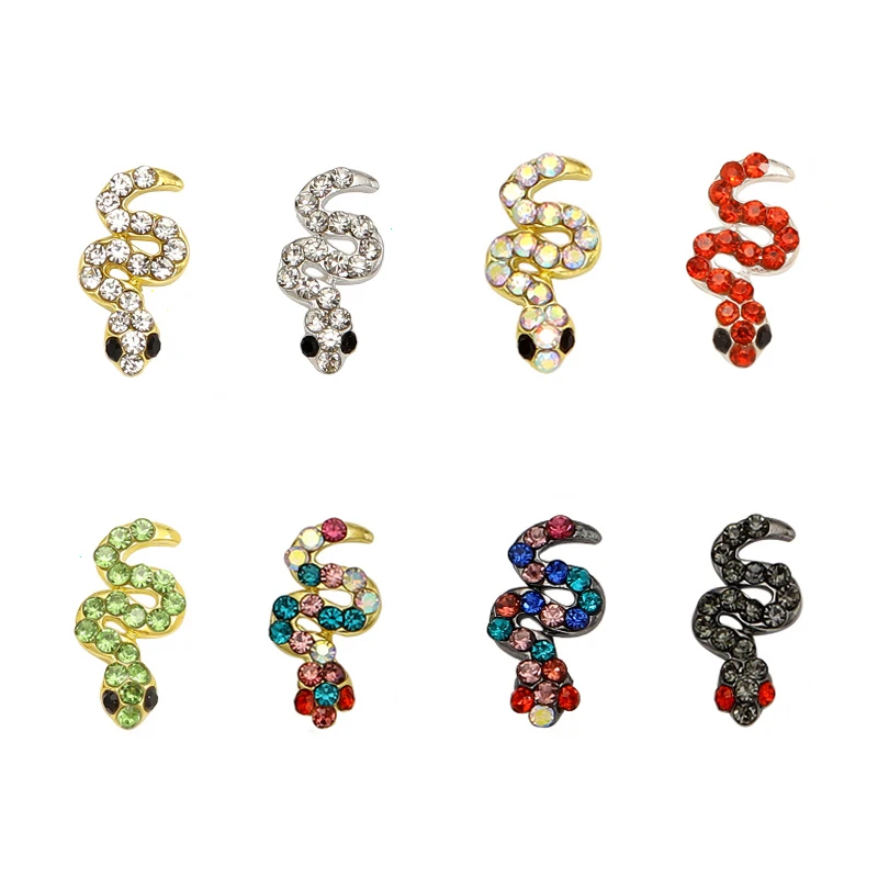 10pieces of Y2K style nail decoration charm alloy snake shape with shiny rhinestone nail art jewelry DIY luxury nail accessories