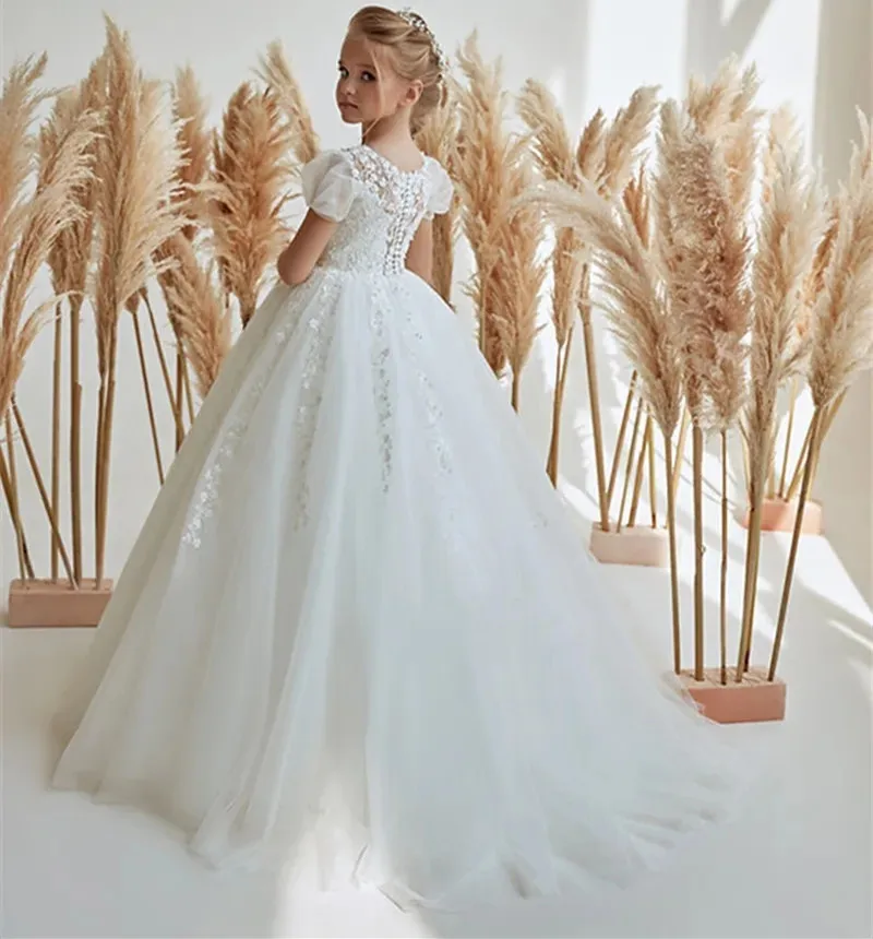 Nuevo Blanco marfil vestidos de niña de flores Apliques de encaje botones en la espalda vestido de fiesta de boda para niños vestido de primera comunión para niñas