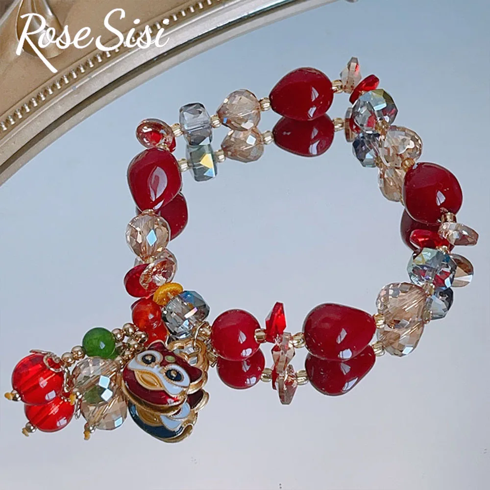 Rose sisi Chinese Dragon Zodiac Bracelet Animal Year Jewelry Red Pearl Bracelet Female Bracelet Dragon Year Gift