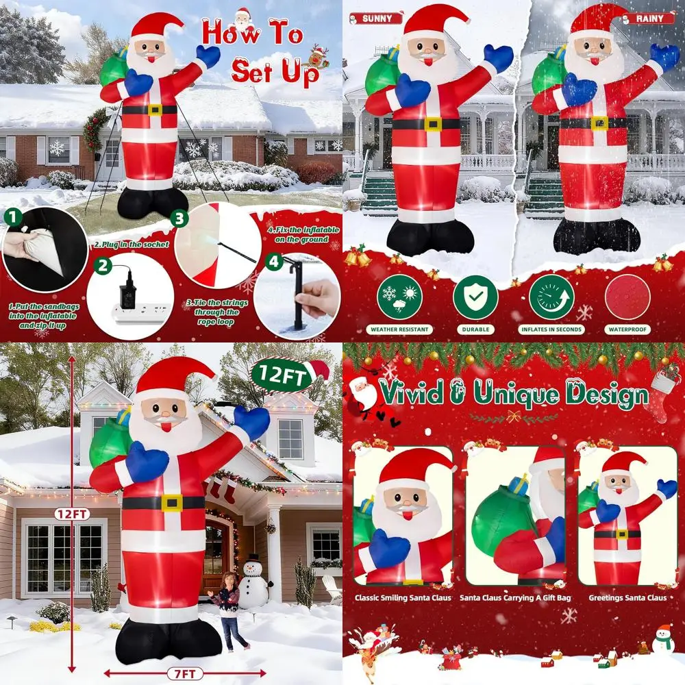 

12-Foot Tall LED-lit Santa Claus Outdoor Christmas Inflatable with Gift Bag for Lawn and Garden