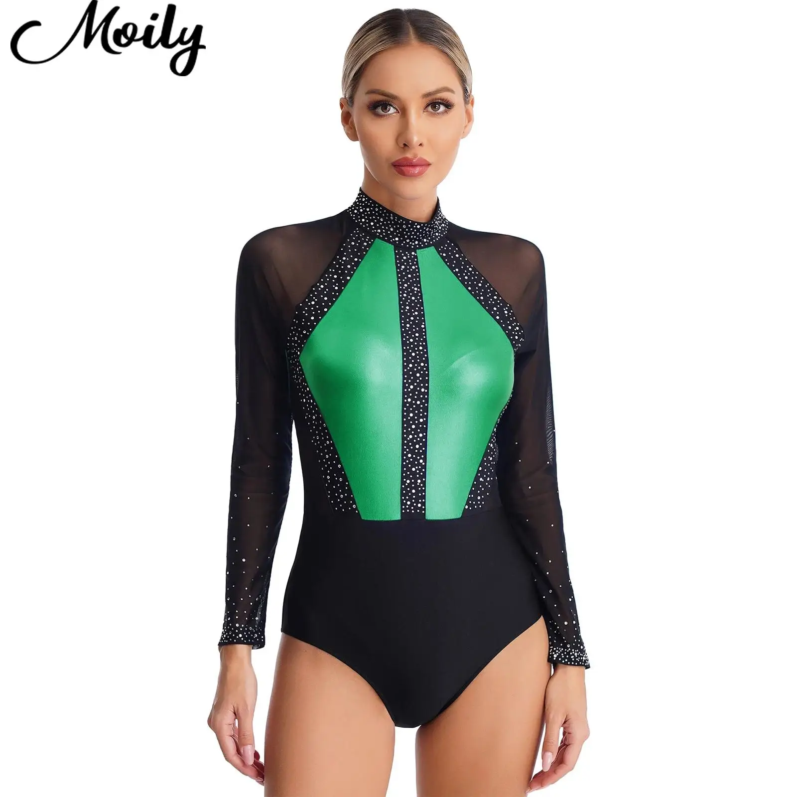 

Women's Skating Gymnastics Ballet Dance Leotard Sheer Mesh Long Sleeve Rhinestone Bodysuit for Gymnastics Jumpsuit Practice Wear