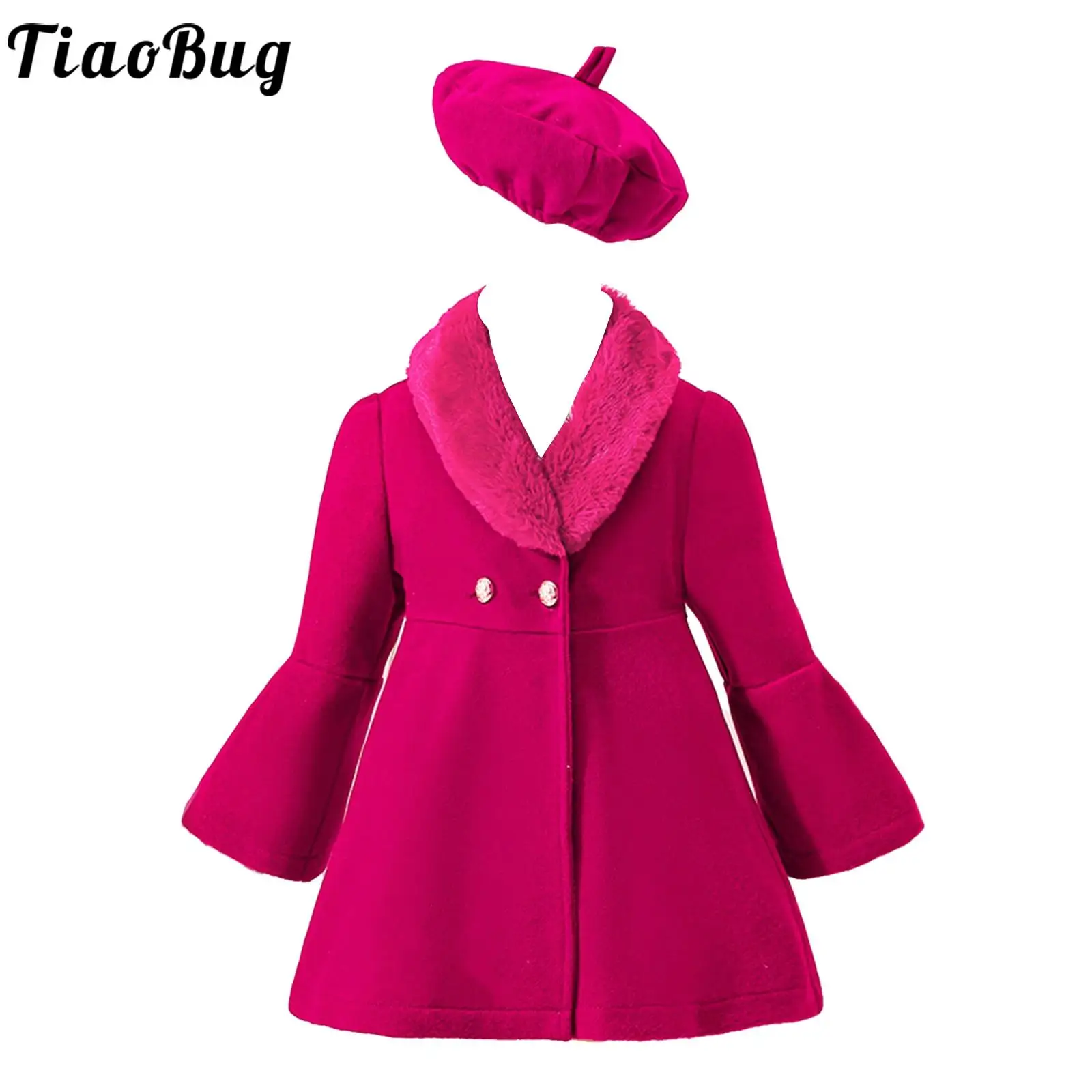 

Toddler Baby Girls Winter Warm Woolen Blend Overcoat Solid Color Furry Collar Long Flare Sleeve Coat Outerwear with Beret Hat