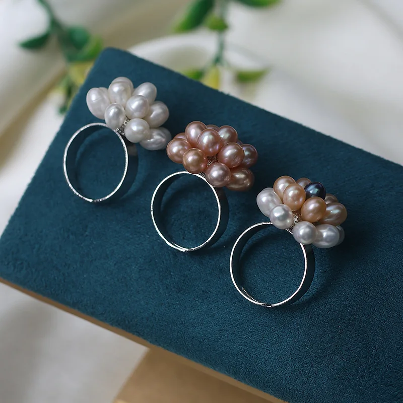 Elegant Natural Freshwater Pearl Flower Rings for Women Bridal 5-6mm Small Rice Baroque Pearl Ring Bands Wedding Luxury Jewelry