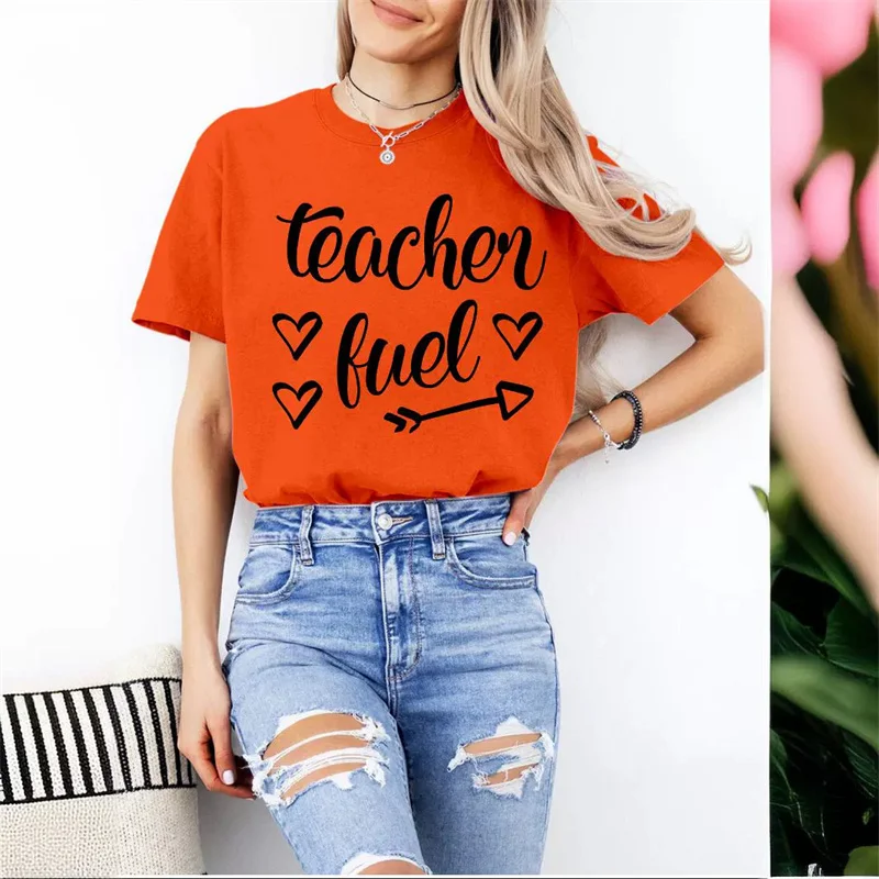 New summer fashion cotton women's teacher fuel love letter printed Teacher's Day print vintage round neck short-sleeved T-shirt