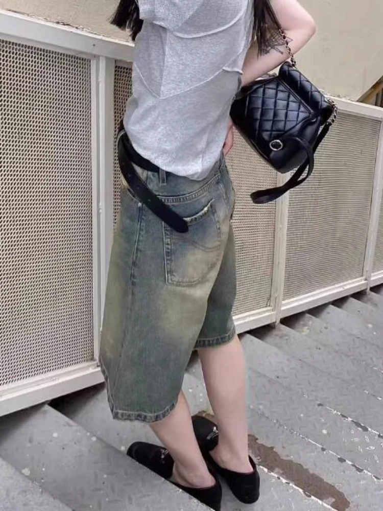 Women Denim Shorts Classic Denim Shorts Women's High Waisted Bermuda Jean Shorts Wide Leg Baggy Denim Jorts with Pockets
