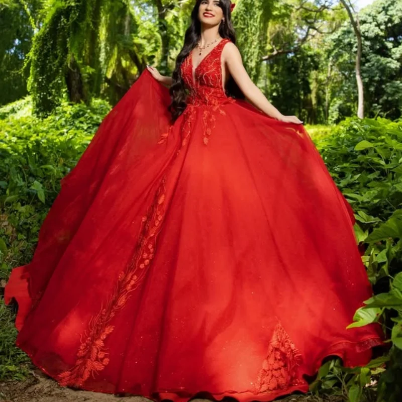

Simple Red Quinceanera Dresses off-shoulder Glitter Decal Layering Long tail Vestido De 15 Quinceanera Customize