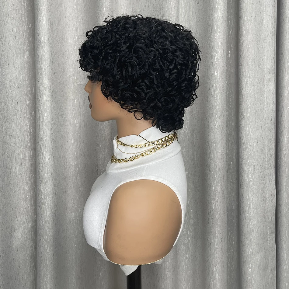 6インチ ウェットアンドウェイビー ピクシーカットウィッグ ブラジル産人毛ウィッグ 黒人女性用 生え際プレプラッキング済み ショートカールウィッグ デイリーウェア